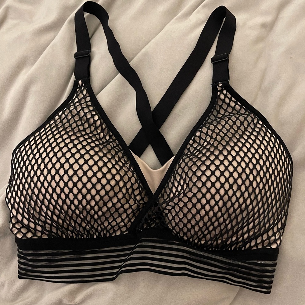Black Mesh Overlay Nude Bralette with Striped Band
